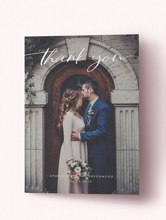 Classic wedding thank you card with large photo