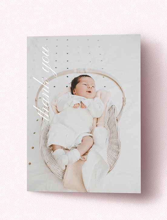 A beautiful baby thank you card design with one large photo
