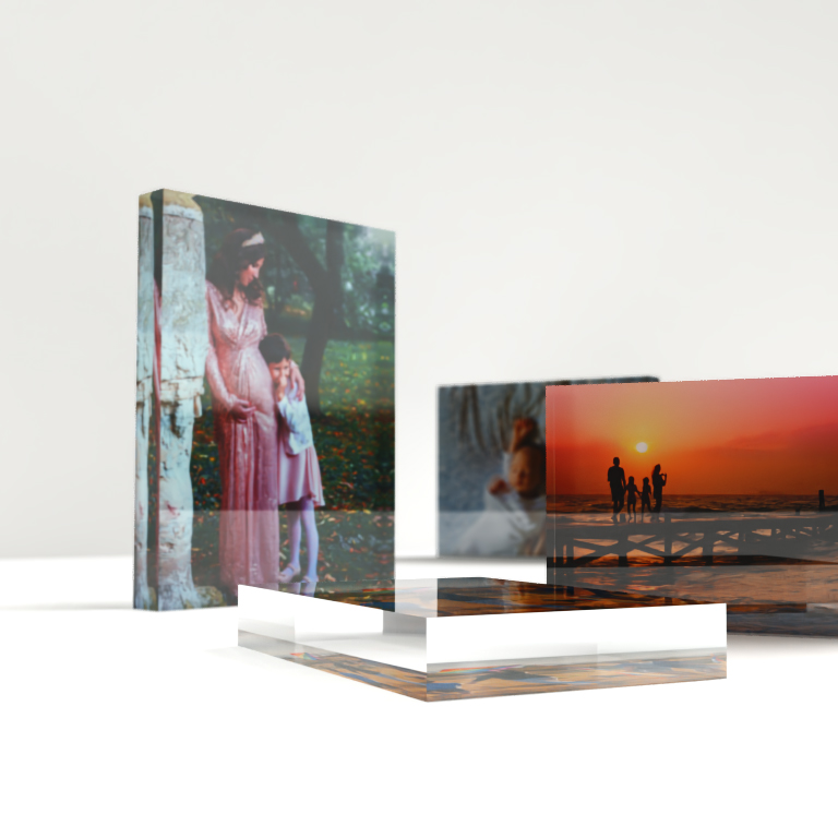 Back side view of an acrylic photo block, highlighting the premium photo paper used for the photo element of the productBack side view of an acrylic photo block, highlighting the premium photo paper used for the photo element of the product
