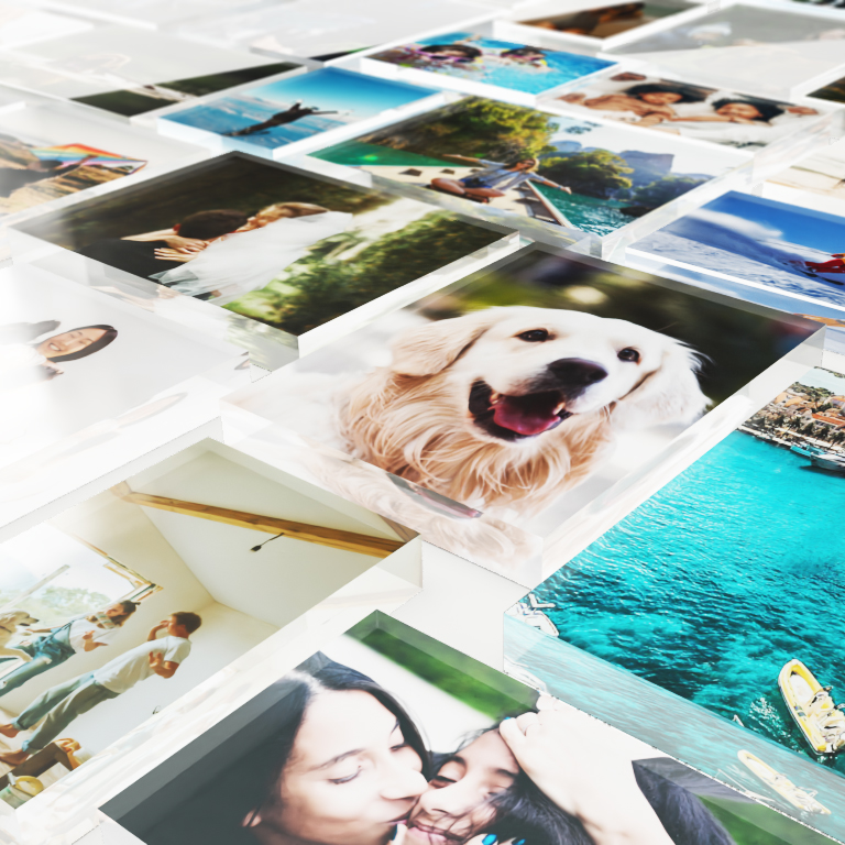 Side by side comparison of small and large acrylic photo blocks, showing portrait and landscape options