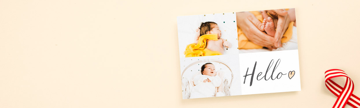 A baby announcement card design with photos. The birth announcement has 3 landscape photos printed on it with a simple “Hello”.