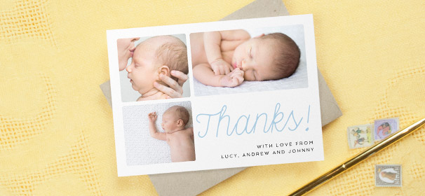 A modern christening thank you card with photos. The card has 3 photos of a baby boy with “Thanks!” written in a handwritten, blue font.