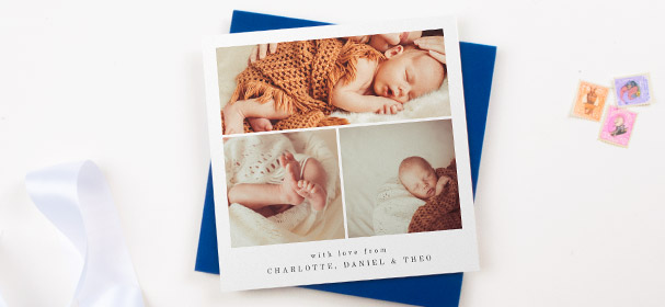 A square, printed christening thank you card. It has 3 baby photos and a printed message from the mother, father and baby.