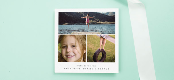 A modern communion thank you card design, printed with three photos of a young girl.