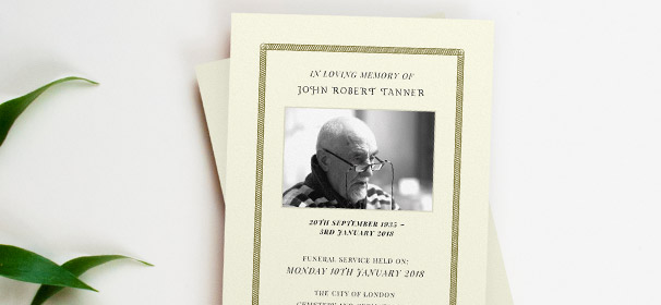 A funeral order of service booklet with a gold border and simple photo layout. It is printed on cream card and stapled down the spine.