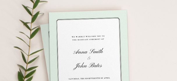 2 printed, traditional wedding order of service booklets. They have an Art Deco, mint green border, surrounding a classic cursive typeface. 