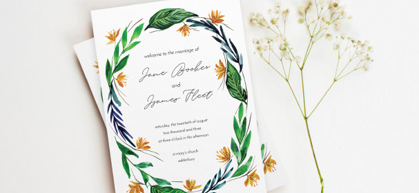 A multi-paged order of service booklet for a wedding. This order of service has a modern, floral design printed on the front cover.