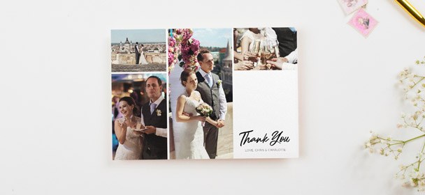 A multi-photo wedding thank you card design. The thank you card is printed with 4 photos on a premium white card stock.