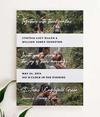 A personalised wedding invitation design with photos. This wedding invite has 3 photos, with personalised invitation wording in between.