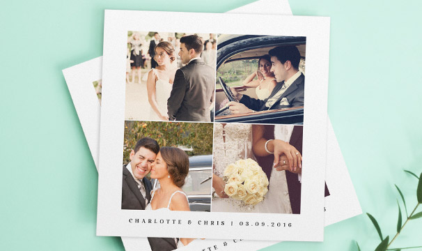 A beautiful wedding thank you card design with photos of the married couple. The thank you card has 4 printed photos and a personalised message.