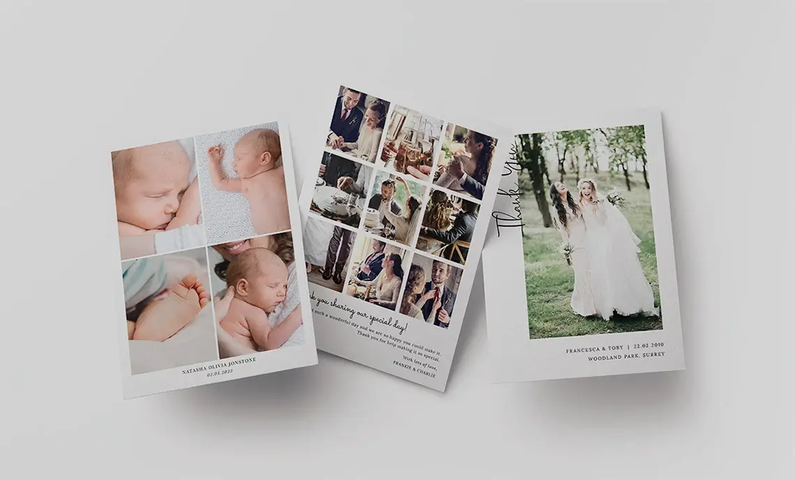 Three portrait thank you cards designs including baby thank you card with photos, modern wedding thank you card with text, and large photo wedding thank you card, on white background.