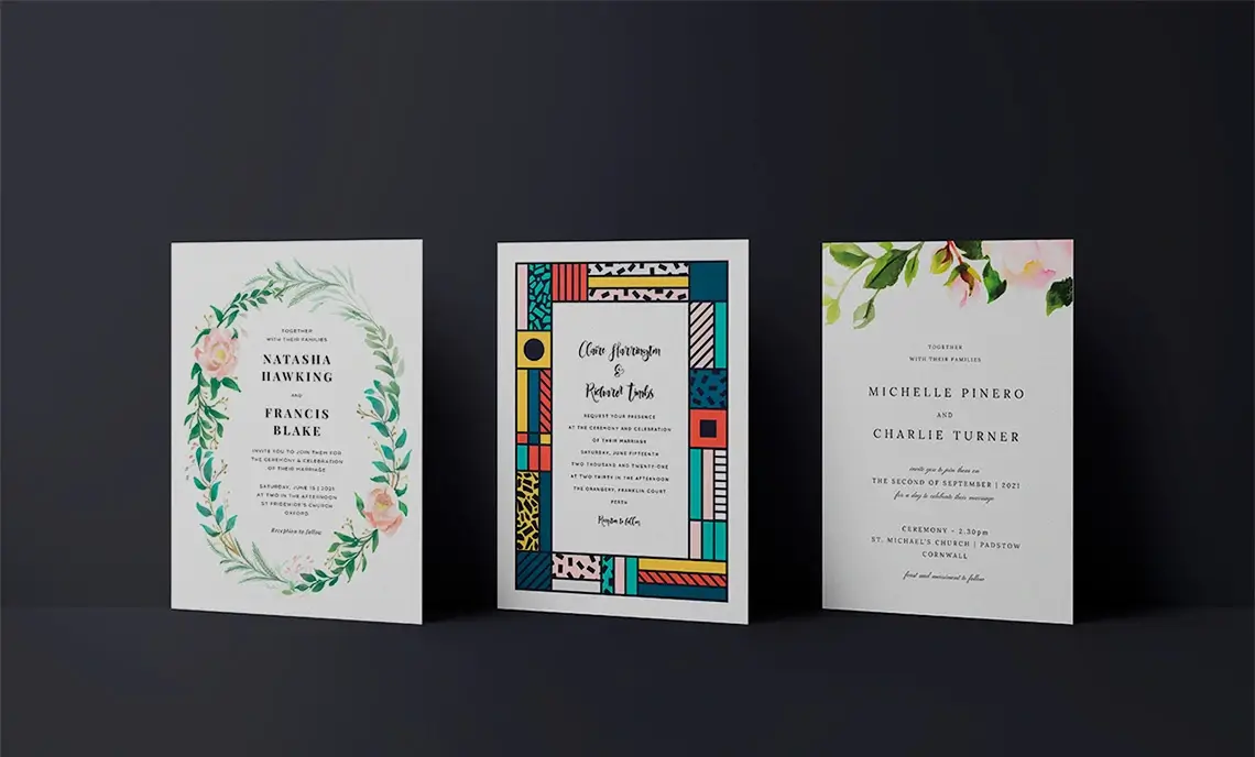 Collection of A5 portrait wedding invitations on midnight blue background, featuring floral wreath, modern geometric boxes, and elegant watercolour rose designs.