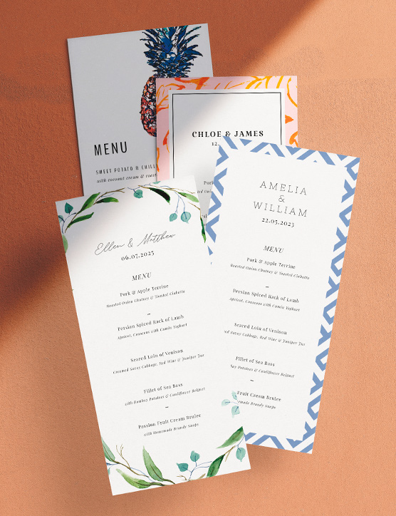 A tall and thin wedding menu card design. The menu has the word “love” printed at the top, above the details of a wedding feast.