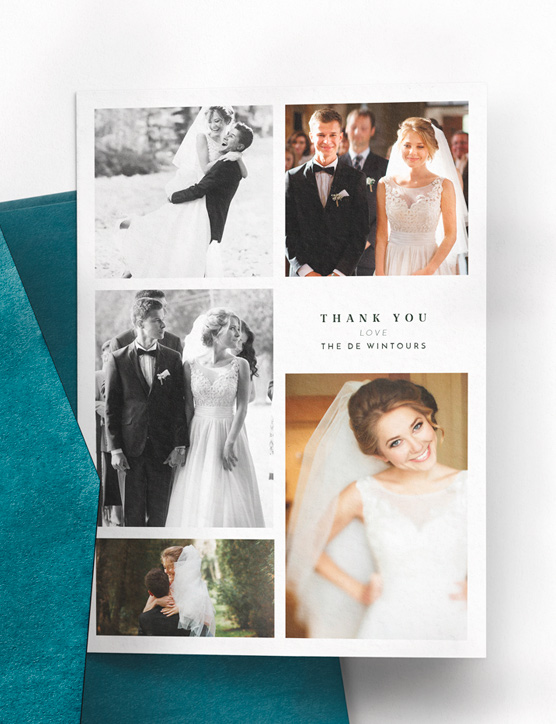 Wedding Thank You Cards A wedding thank you card with a full photo of the bride and groom. It is printed with a personal message.