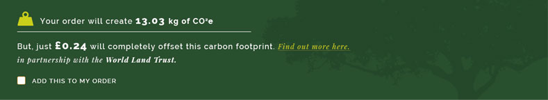Green carbon offset checkout widget displaying carbon footprint of print order in white text