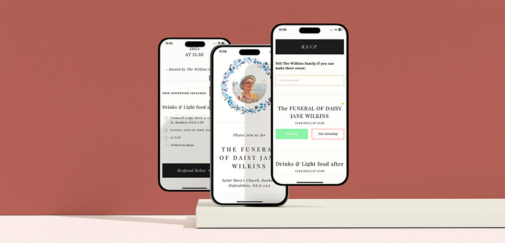 Three smartphones displaying funeral RSVP website with event details and photo