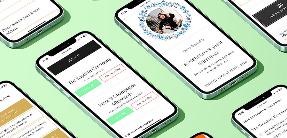 Smartphones displaying christening and birthday RSVP websites on pastel green background