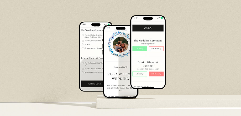 Three smartphones showing a wedding RSVP website with ceremony and reception details