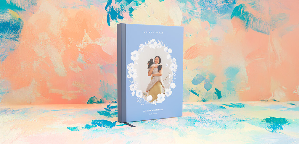 Personalised notebook with floral frame and mother-child photo on pastel background