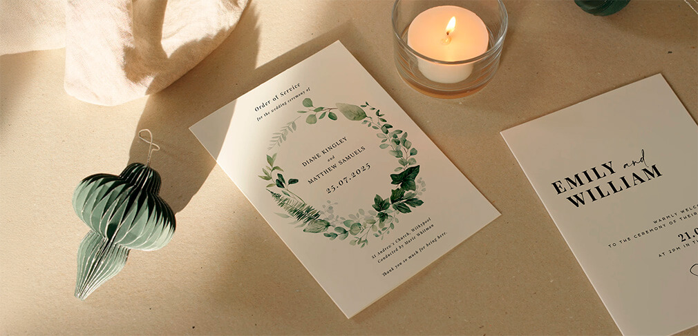 Wedding order of service booklets with botanical and minimalist designs on stone background