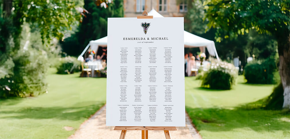 Wedding table plan board on easel in garden setting with floral detail