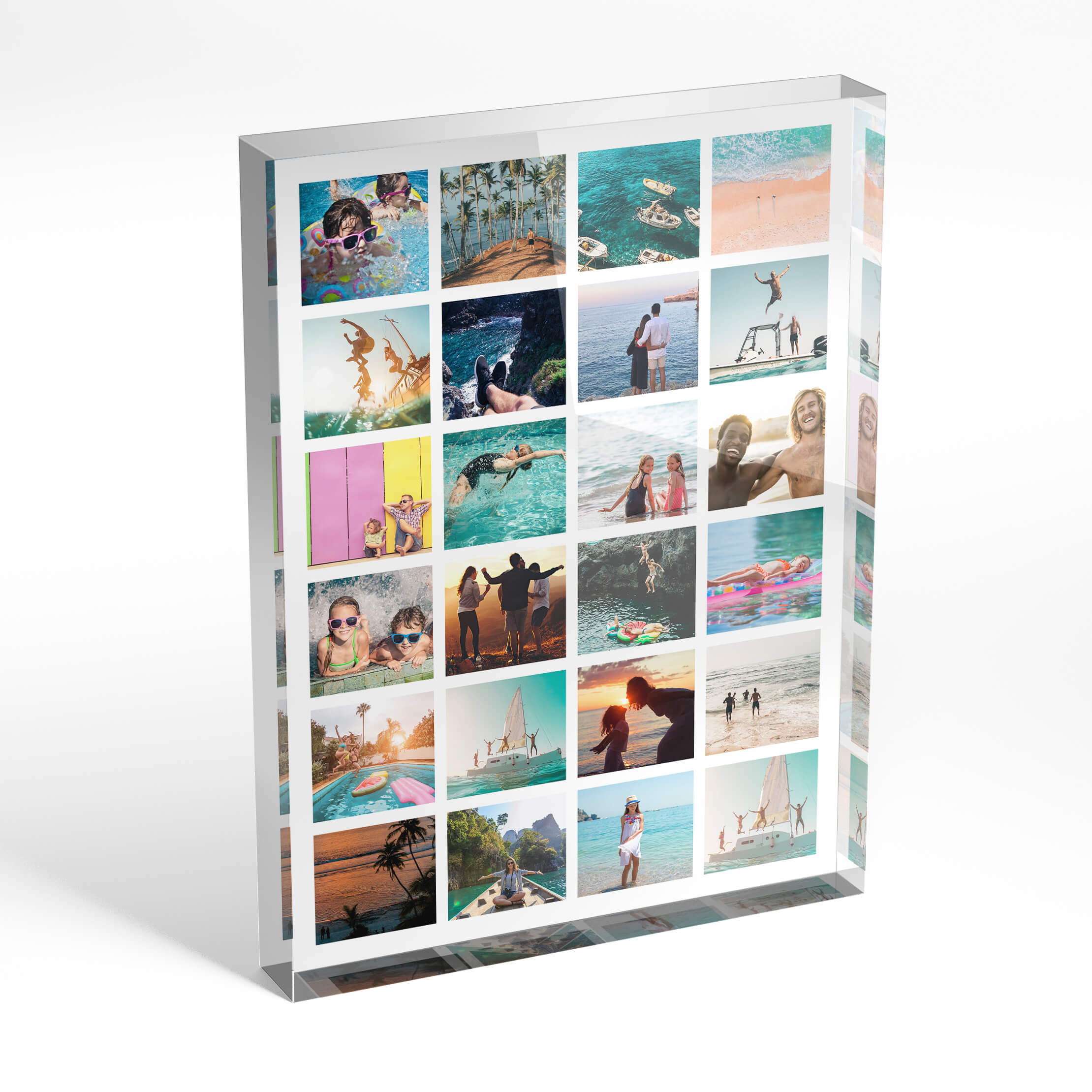 Acrylic glass photo block displaying a 10+ photo holiday mosaic; side-view perspective highlighting depth and detail.