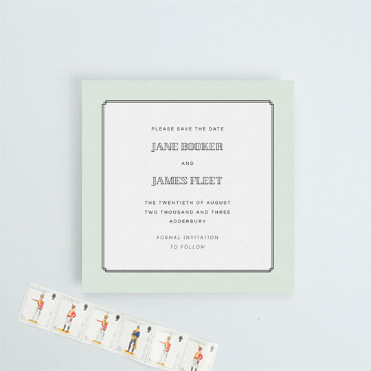 A mint green wedding save the date card. It is a simple save the date with an art deco feel.