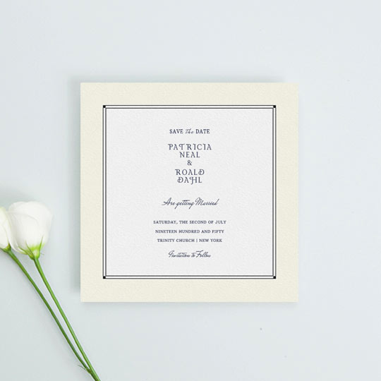 A vintage wedding save the date card with an art deco cream and black border. It has a range of fonts in the centre of card which give details of an upcoming wedding.