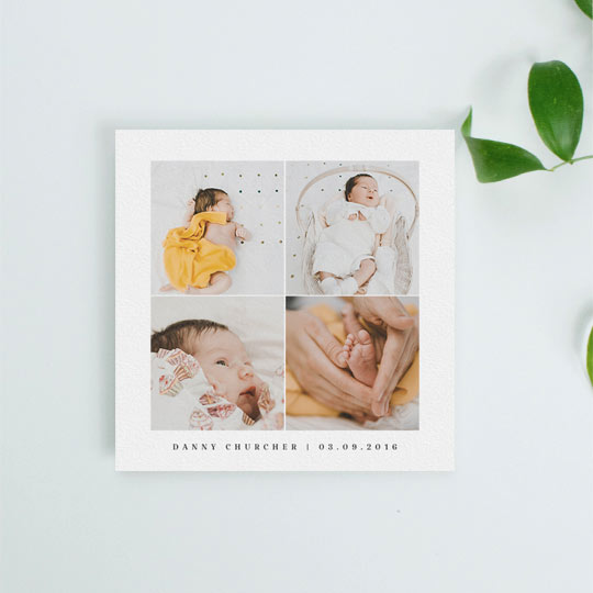 A white baby birth announcement card with 4 square photos on it. It has the baby boy’s date of birth and name printed at the bottom.