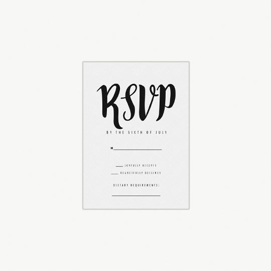 A simple, portrait wedding response card. It has a handwritten effect “RSVP” at the top in black. Underneath it has section where wedding guest can fill in information about their attendance and dietary requirements.