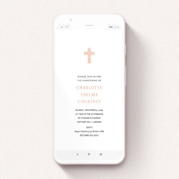 Christening invitation for WhatsApp in a peach and white design with a heart and cross motif
