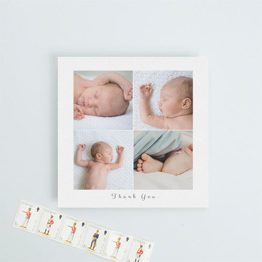 A square, christening thank you card with 4 photos of a baby on it. The background I white with a script font reading “Thank You” underneath the baby photos.