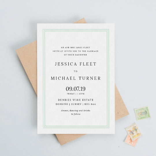 A very classic wedding invitation design with a subtle green border comprised of three thin lines. The rest of the invite is white with black text.