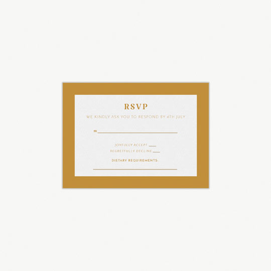 A simple RSVP card for a wedding. It has RSVP printed at the top in orange. The response card has a strong orange border and section print in the middle for wedding guest to fill out and return.