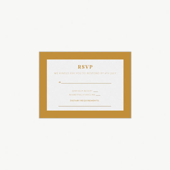 A simple RSVP card for a wedding. It has RSVP printed at the top in orange. The response card has a strong orange border and section print in the middle for wedding guest to fill out and return.