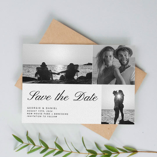An elegant wedding save the date card with 3 black and white photos on it. “Save the Date” is written in a large, italic font with the details of the couple and their wedding printed in a san-serif font beneath. The wedding save the date card photos are black and white.