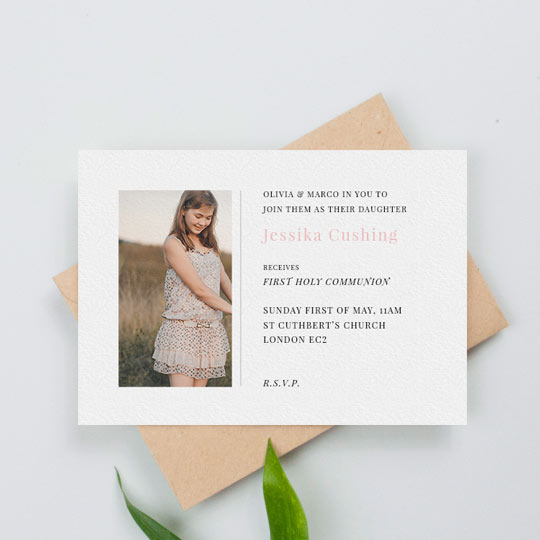 A simple, white communion invitation design. It has a picture of a girl with text to the right. The text has details about a first holy communion service.