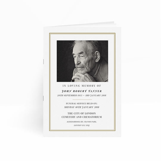 A classic and simple order of service for a funeral. It is a multi-paged order of service booklet with a white front cover, gold border and black and white photo.