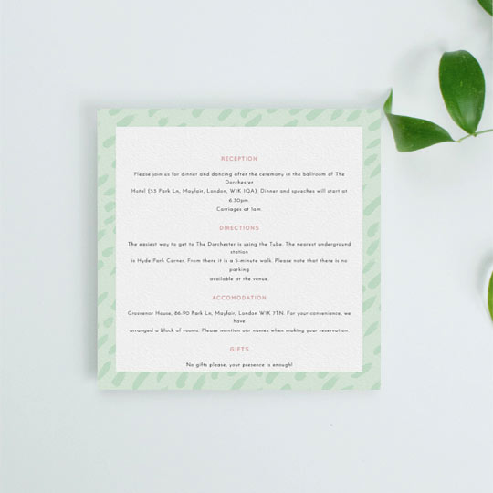 A square wedding information insert sheet with a modern green border. The font is black with pink headers.