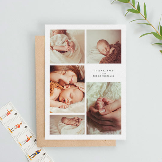 A formal, portrait christening thank you card. It has 5 photos of a newly-christened baby boy on it. It has a simple and small message of thank from a family.