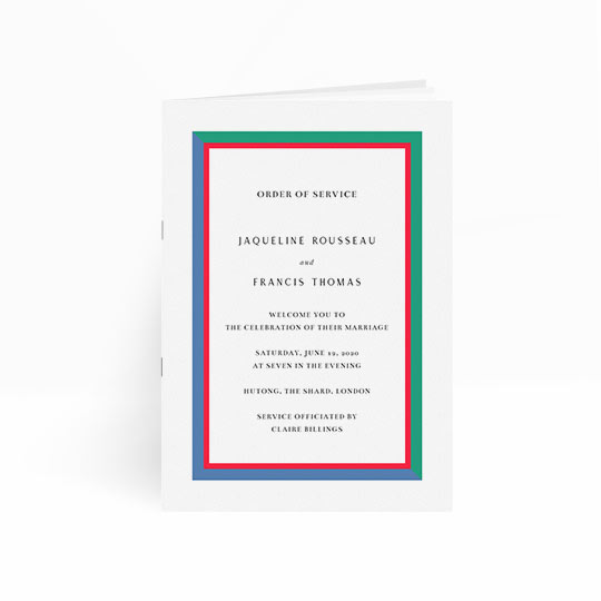 A modern but simple wedding order of service design. This wedding order of service has multiple pages and is stapled to form a booklet. The order of service border is blue, green and red and surrounds information about the wedding ceremony.