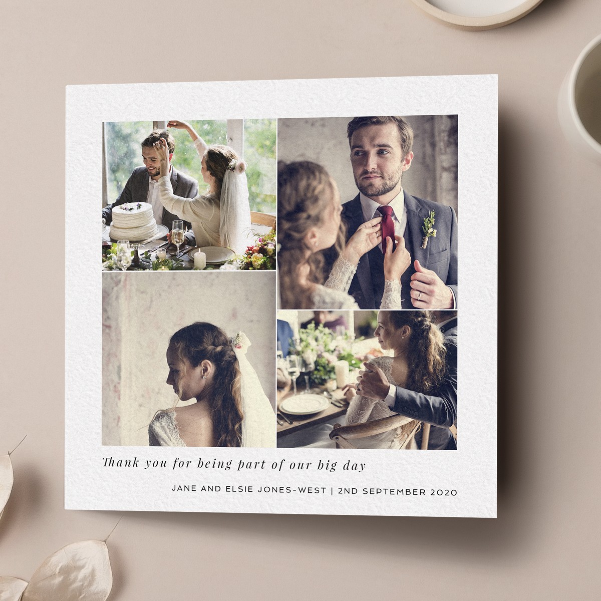Square folded premium wedding thank you card with 4 full color photos