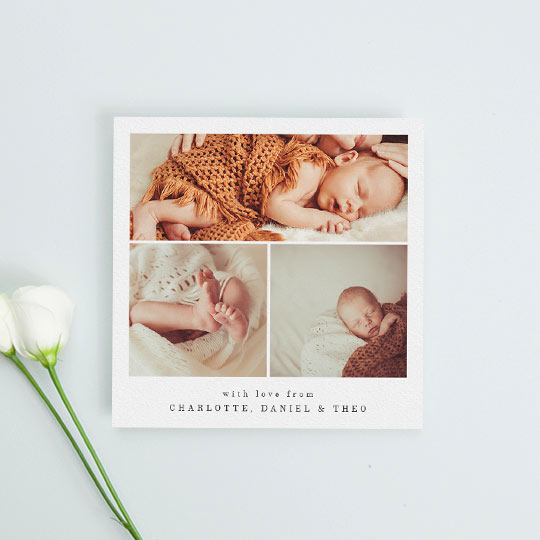 A classic christening thank you card with 3 baby photos on it. It has a white card background and black text showing a personalised message of thanks from a family.