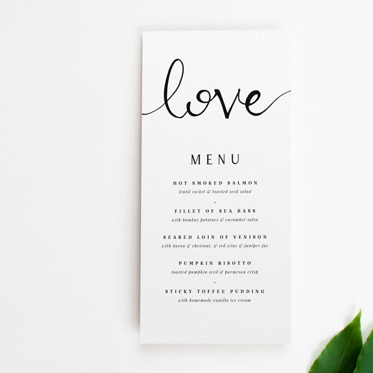 A modern and simple wedding men design with the word “Love” written in calligraphy at the top. The menu is tall and thin, and sized roughly to Din Long (DL) size.