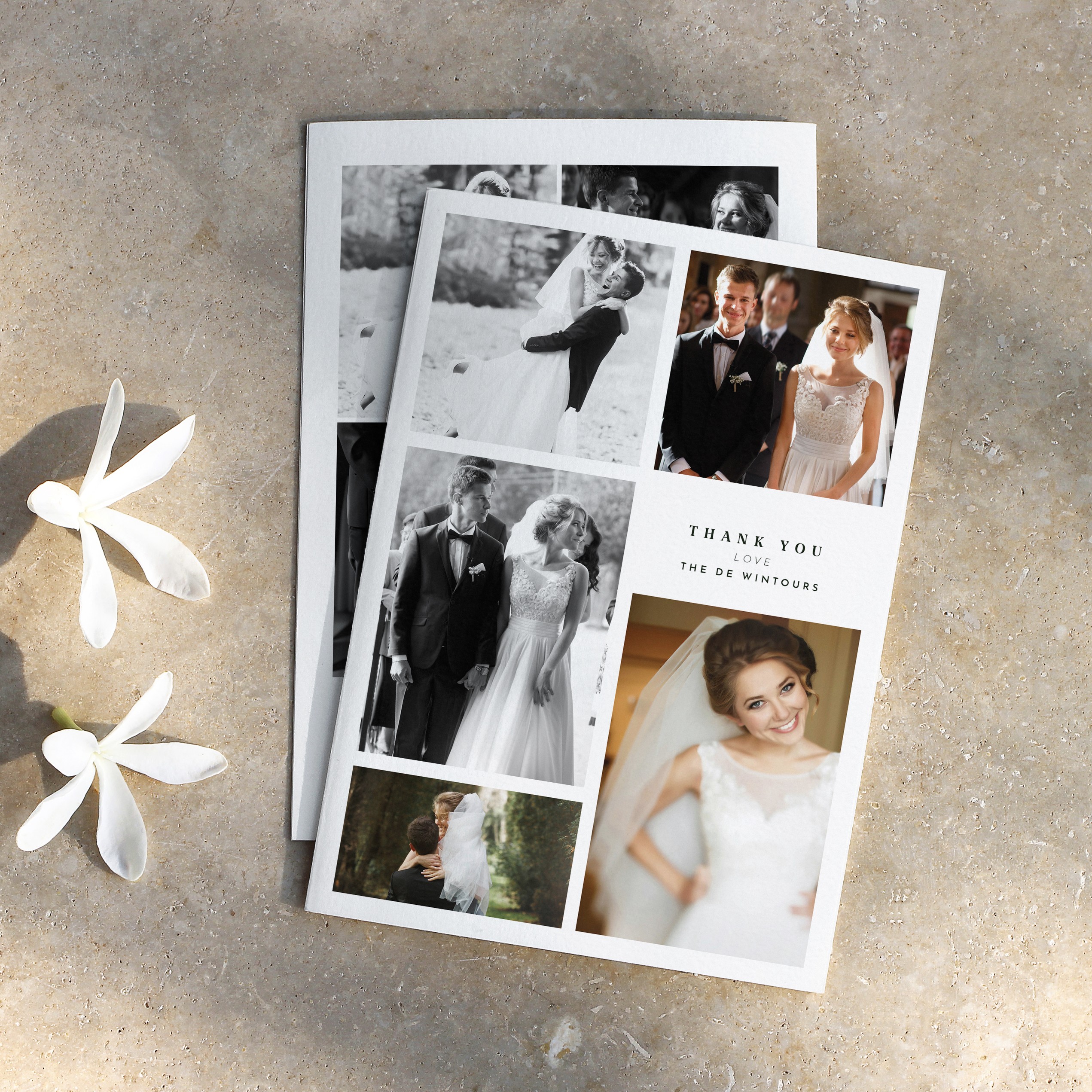A5 portrait wedding thank you card with 5 photos in full color