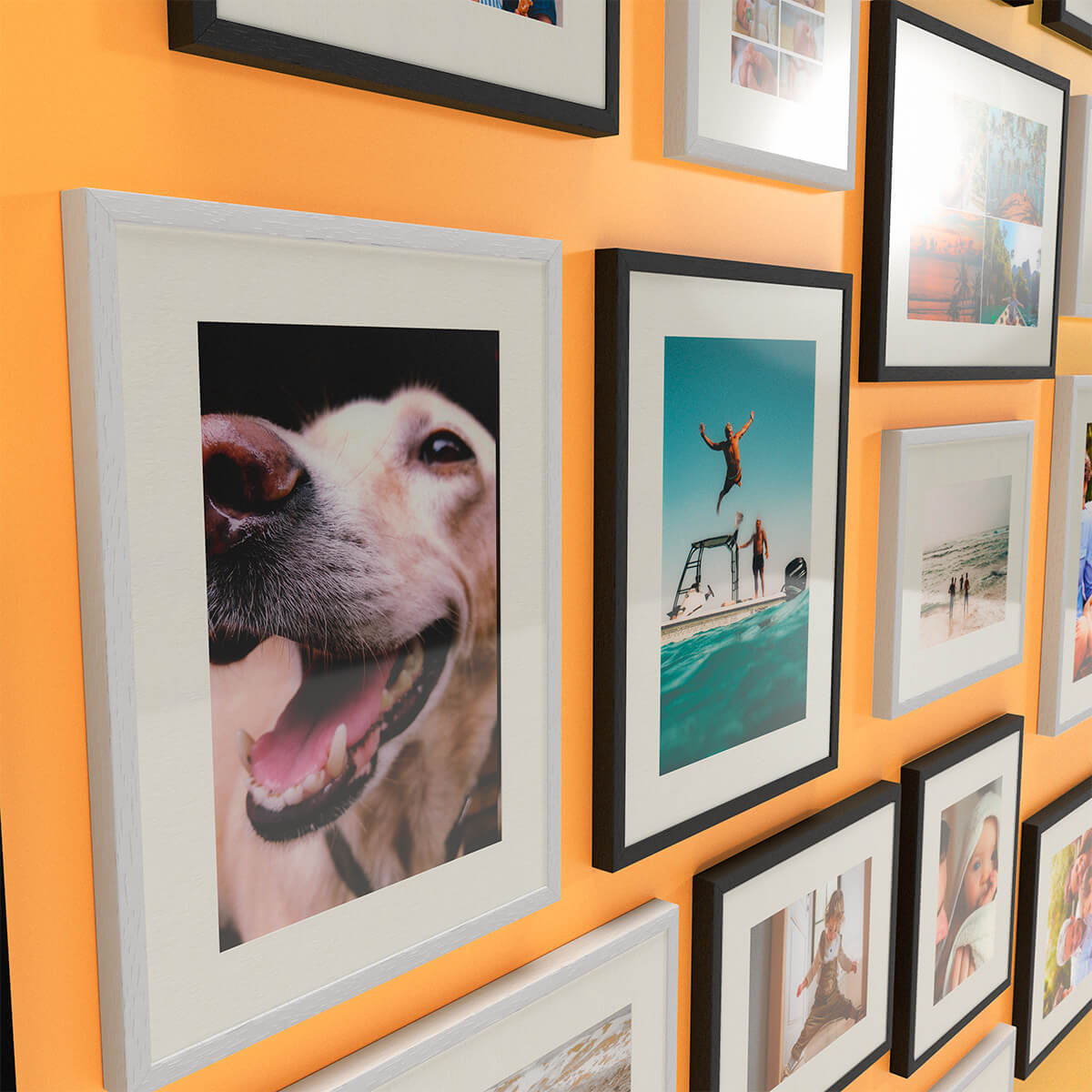 A size comparison of six different premium photo frames mounted on the wall