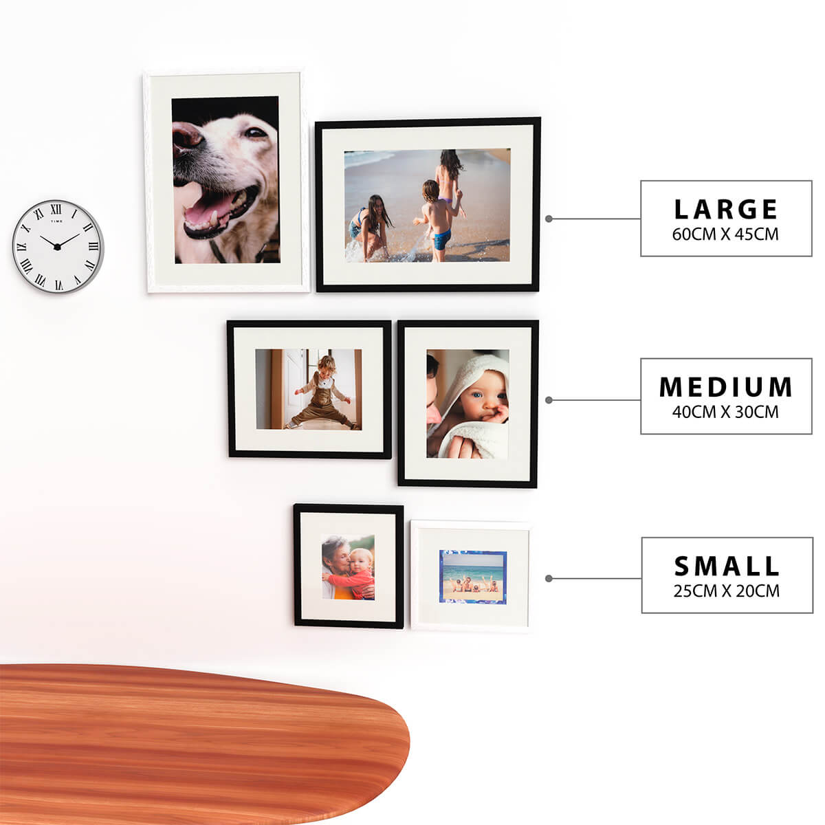 Multiple personalised photo frames with mountings hung on the wall