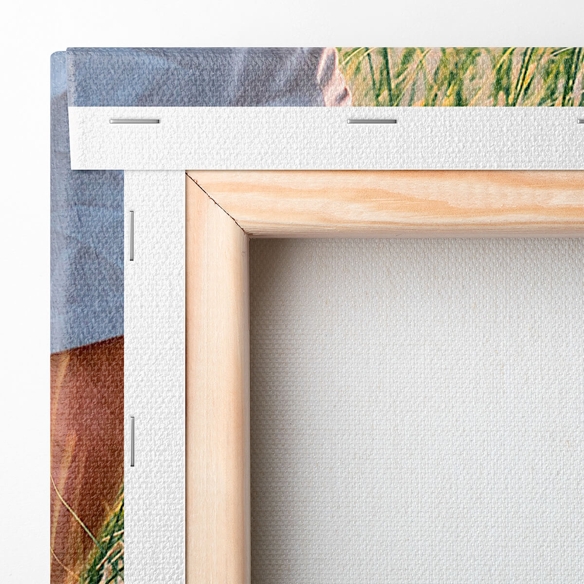 The reverse of a premium photo canvas with a sustainable wooden frame