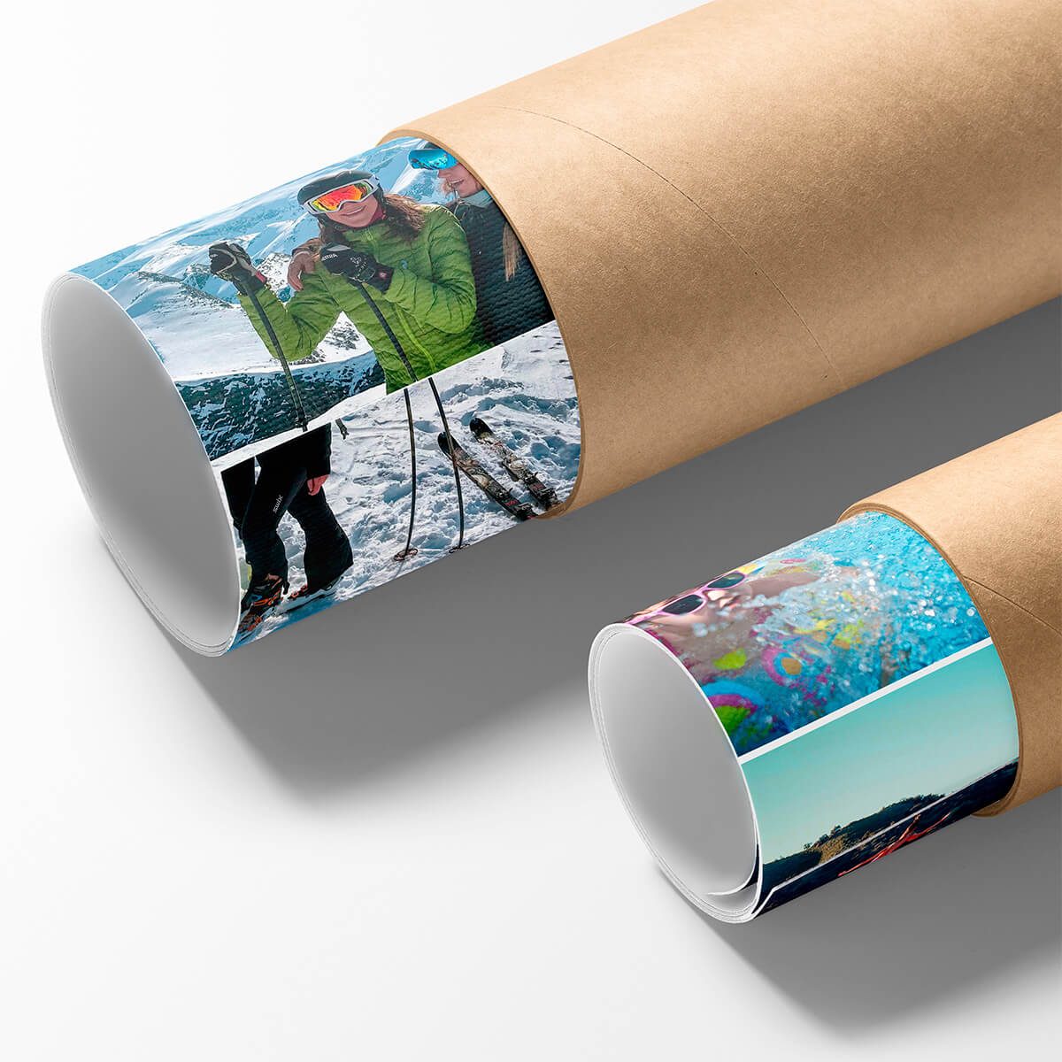 Two silver halide photo prints in different sizes in packaging tube