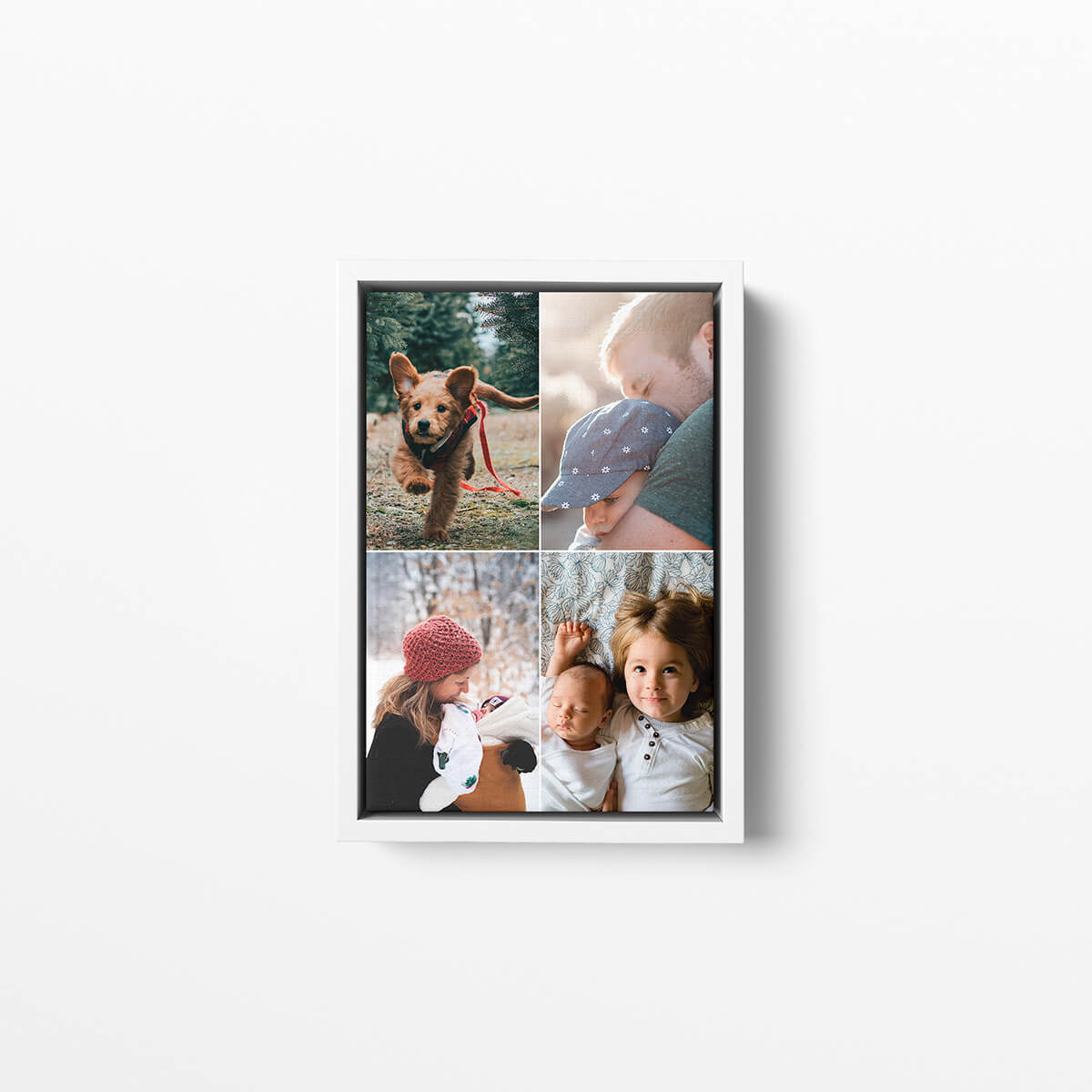 A white framed photo canvas, with a collage photo design
